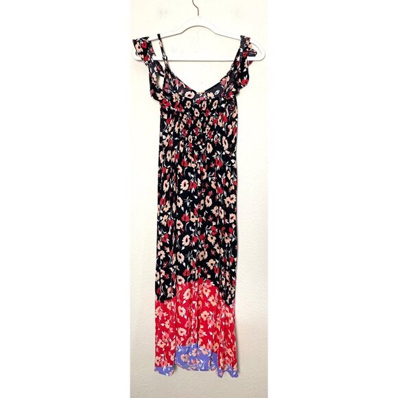 Express Off Shoulder Ruffle Sleeve Floral Midi Maxi Dress Leg Slits Red Black XS - Picture 4 of 7